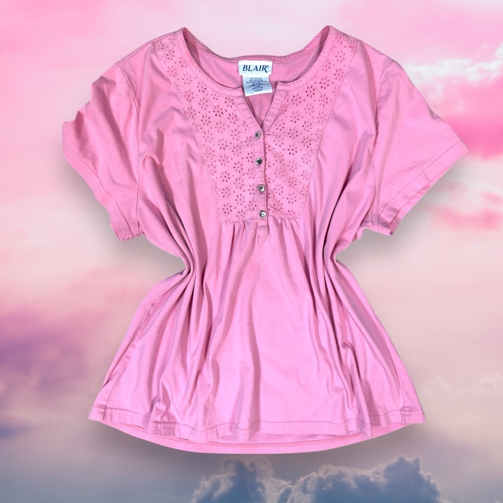 Pink Eyelet Jewel Button Top – Size Large